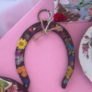 Handmade Floral Horseshoe Wall Hanging - Dark Wood with Multicolor Flowers